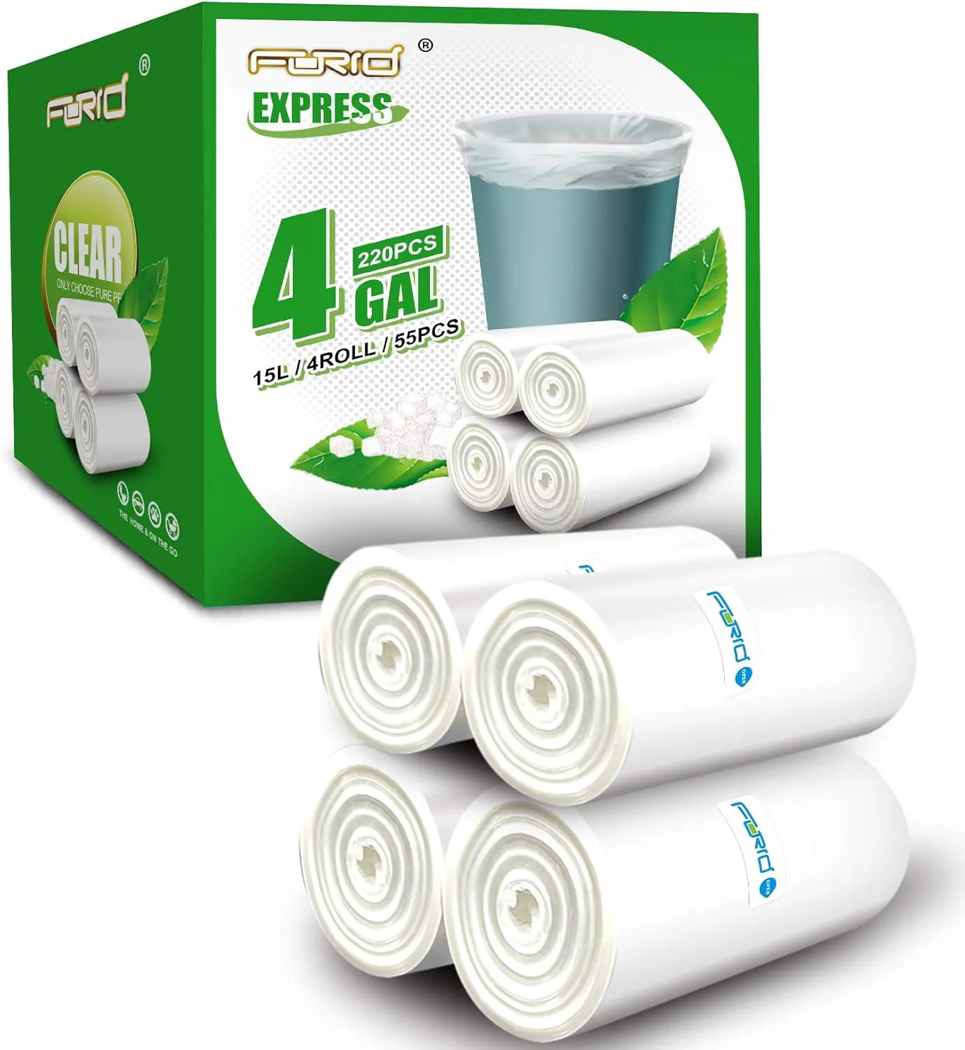 FORID Small Clear Trash Bags - 4 Gallon Plastic Garbage Bags 220 Count Strong Unscented Wastebasket Bin Liners for Bathroom Bedroom Office 15 Liter Trash Can - Thick & Durable Trash Bag