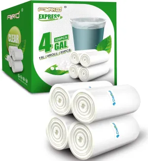 FORID Small Clear Trash Bags - 4 Gallon Plastic Garbage Bags 220 Count Strong Unscented Wastebasket Bin Liners for Bathroom Bedroom Office 15 Liter Trash Can - Thick & Durable Trash Bag