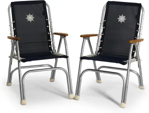 FORMA MARINE Boat Chairs High Back Navy Blue Vinyl MESH Deck Folding Marine Aluminum Teak Furniture Set of 2 M150VNB