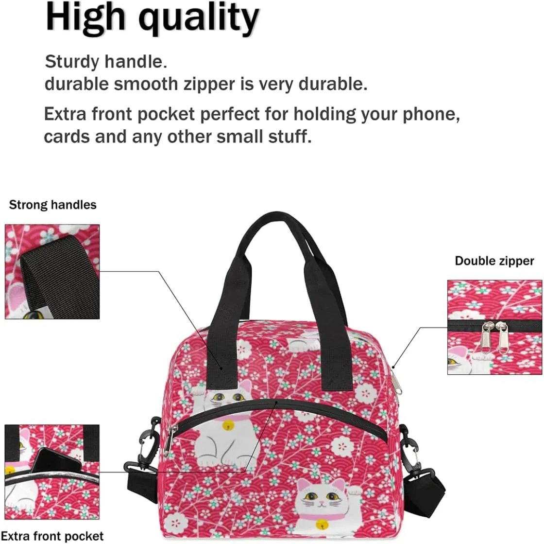 Fortune Cat Insulated Lunch Bag for Women Men, Reusable Lunch Box Container with Adjustable Shoulder Strap Large Leakproof Thermal Lunch Cooler Bag for Adult Work Picnic Office