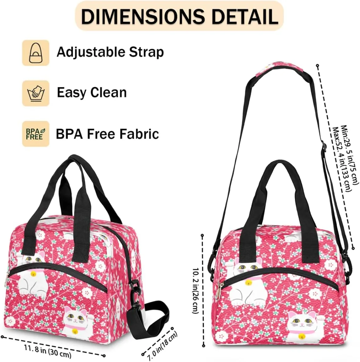 Fortune Cat Insulated Lunch Bag for Women Men, Reusable Lunch Box Container with Adjustable Shoulder Strap Large Leakproof Thermal Lunch Cooler Bag for Adult Work Picnic Office