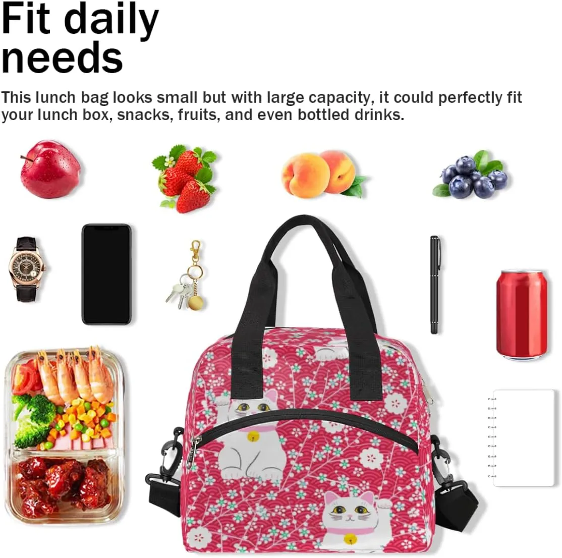 Fortune Cat Insulated Lunch Bag for Women Men, Reusable Lunch Box Container with Adjustable Shoulder Strap Large Leakproof Thermal Lunch Cooler Bag for Adult Work Picnic Office