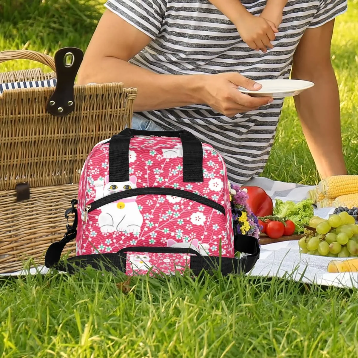 Fortune Cat Insulated Lunch Bag for Women Men, Reusable Lunch Box Container with Adjustable Shoulder Strap Large Leakproof Thermal Lunch Cooler Bag for Adult Work Picnic Office