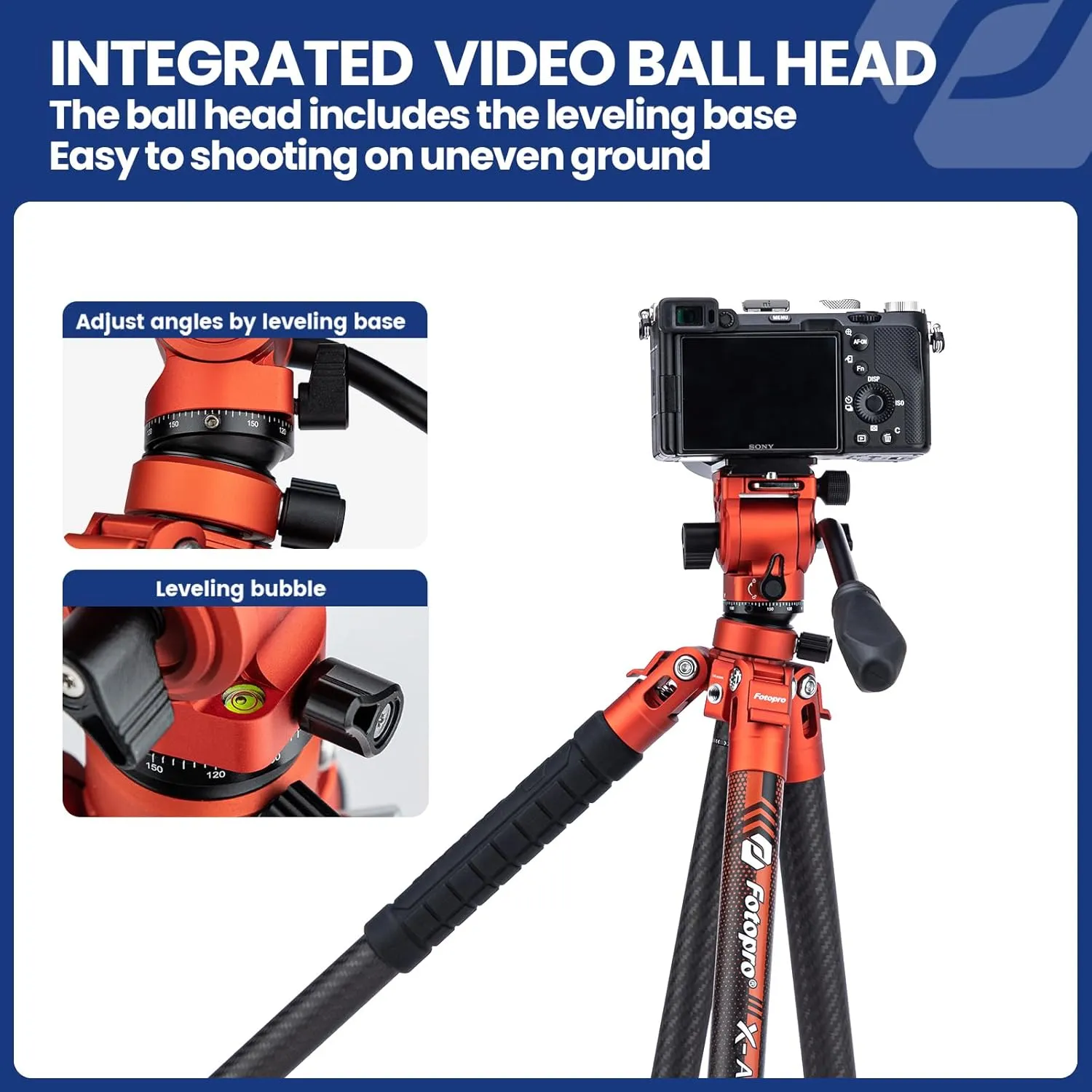 Fotopro Carbon Fiber Travel Tripod 2.2lbs Ultralight 64 Inch Portable Compact Travel Video Tripod for Camera DSLR Load up to 22lb X-Aircross 3 Lite Video Orange