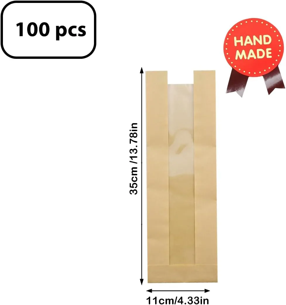 French Bread Bags 100Pcs Bakery Bags with Window Kraft Paper Loaf Packaging Bread Storage Bags Large Baguette Bread Bags For Homemade Bread with Seal Sticke(14"Kraft 100PCS)