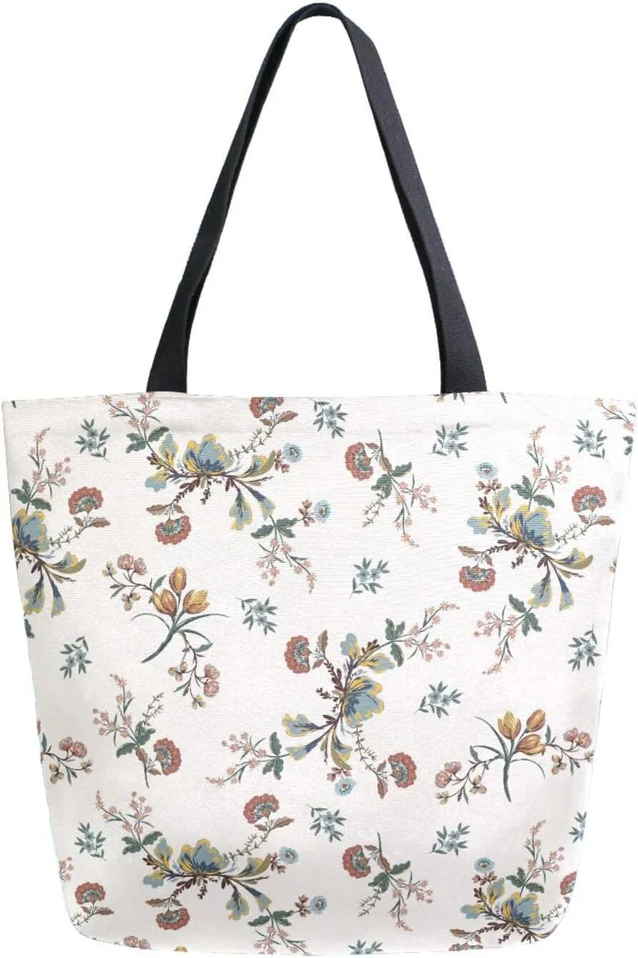 French Country Floral Cream Canvas Tote Bag for Women with Zipper Pocket Reusable Grocery Shopping Bags Large Travel Shoulder Bag Handbag Bags