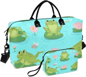 Frog and Aquatic Plants Pattern Duffle Bags for Women Men Waterproof Weekender Overnight Bags Hospital Bag Large Tote Bag with Toiletry Bag for Yoga Gym Travel Sport Hospital