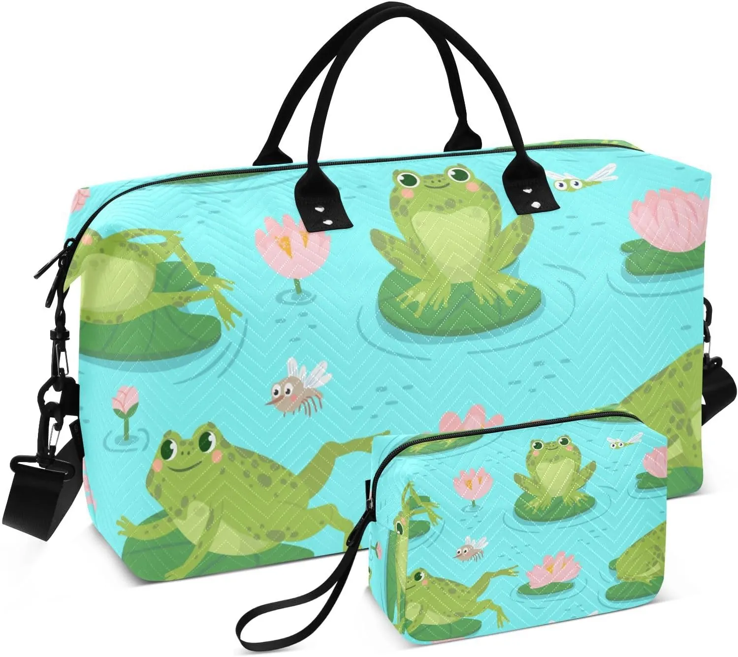 Frog and Aquatic Plants Pattern Duffle Bags for Women Men Waterproof Weekender Overnight Bags Hospital Bag Large Tote Bag with Toiletry Bag for Yoga Gym Travel Sport Hospital