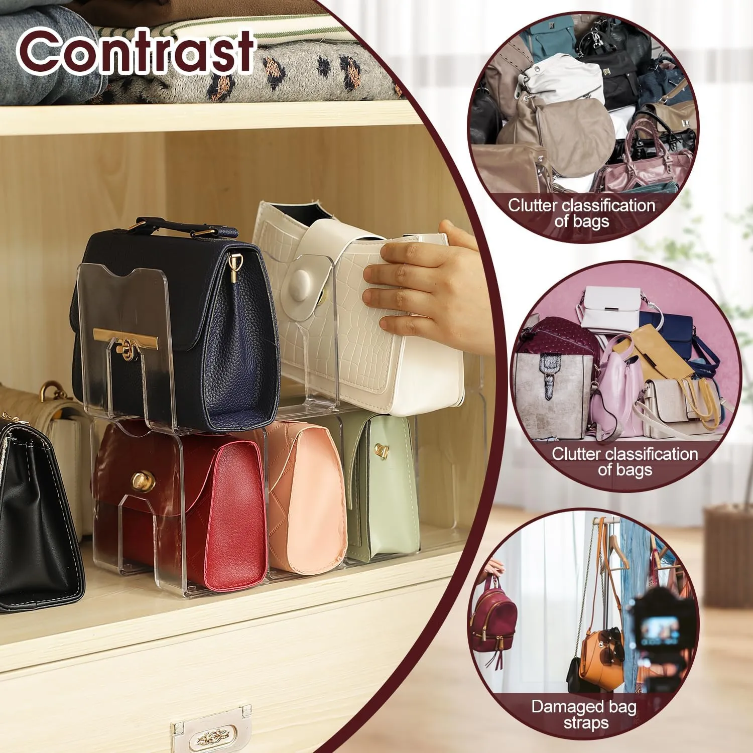 frtzal Purse Closet Organizer,Purse Organizer for Closet,Handbag Organizer,Desk File Sorter Purse, 4 Clear Handbag Storage Shelf - Plastic Clutch Dividers, transparent