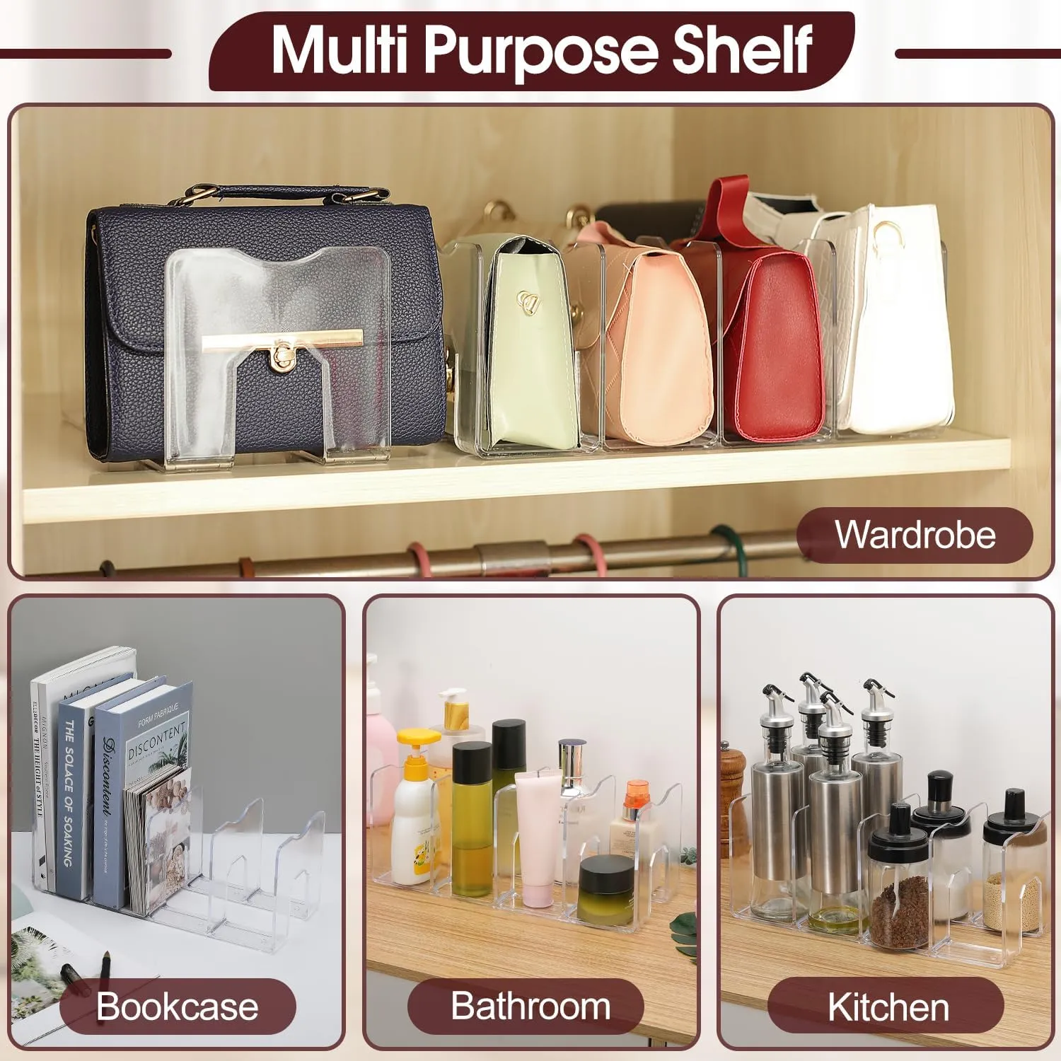 frtzal Purse Closet Organizer,Purse Organizer for Closet,Handbag Organizer,Desk File Sorter Purse, 4 Clear Handbag Storage Shelf - Plastic Clutch Dividers, transparent