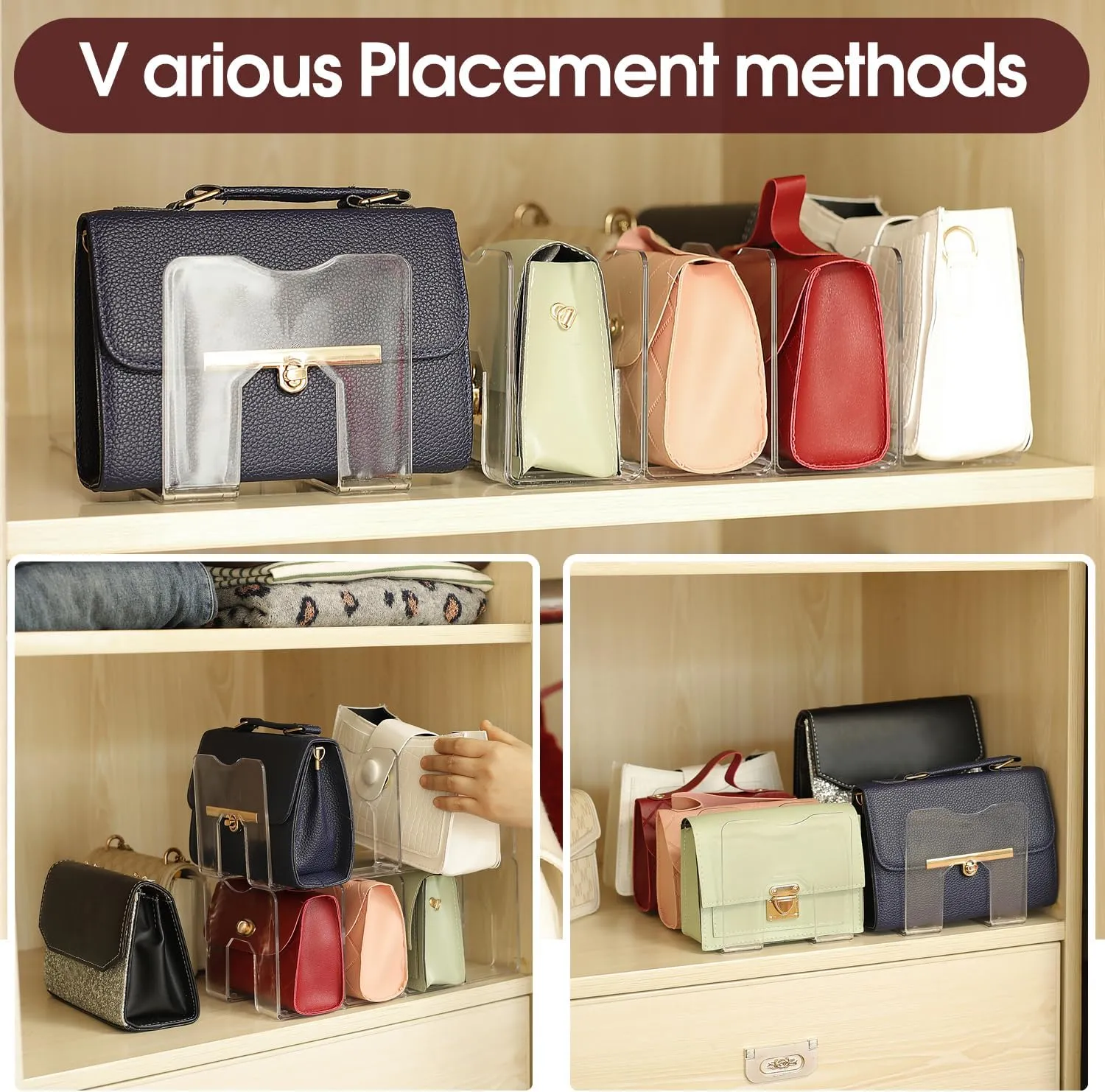 frtzal Purse Handbag Organizer 4 Sections Bag Closet Shelf Divider Purse Display Stand Handbag Storage Organizer Clear Desk File Sorter Stand Holder Bookshelf 13 x 6 x 5 Inches (2pcs wave)
