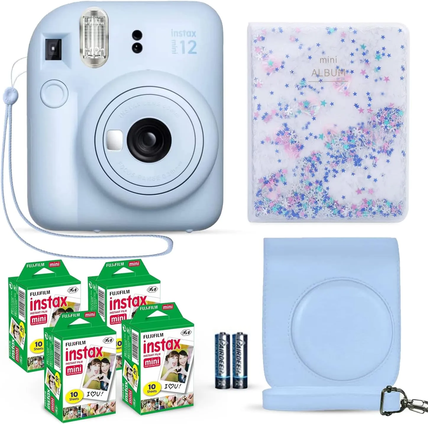 Fujifilm Instax Mini 12 Instant Camera Pastel Blue   Fuji Film Value Pack (40 Sheets)   Shutter Accessories Bundle, Incl. Compatible Carrying Case, Quicksand Beads Photo Album 64 Pockets