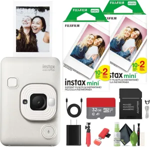Fujifilm INSTAX Mini LiPlay Hybrid Instant Camera Bundle with 2X Fuji Instax Mini Instant Film 40 Sheets, 32GB Micro SD Card   Cleaning Kit   Flexible Tripod   More Accessories (Misty White)
