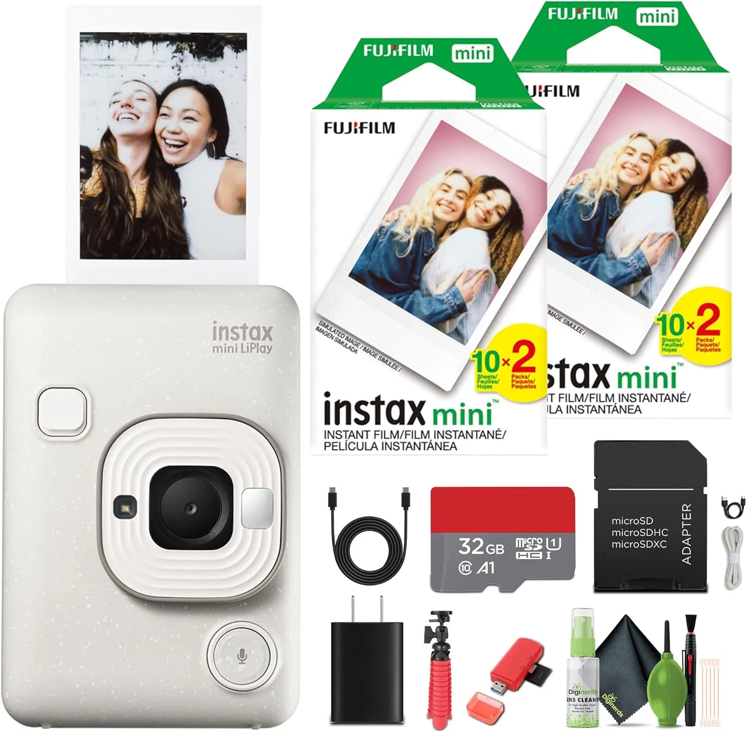 Fujifilm INSTAX Mini LiPlay Hybrid Instant Camera Bundle with 2X Fuji Instax Mini Instant Film 40 Sheets, 32GB Micro SD Card   Cleaning Kit   Flexible Tripod   More Accessories (Misty White)