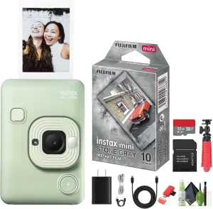 Fujifilm INSTAX Mini LiPlay Hybrid Instant Camera Bundle with Fuji Instax Mini Stone Gray Instant Film (10 Exposures), 32GB Micro SD Card   Flexible Tripod   More Accessories (Matcha Green)