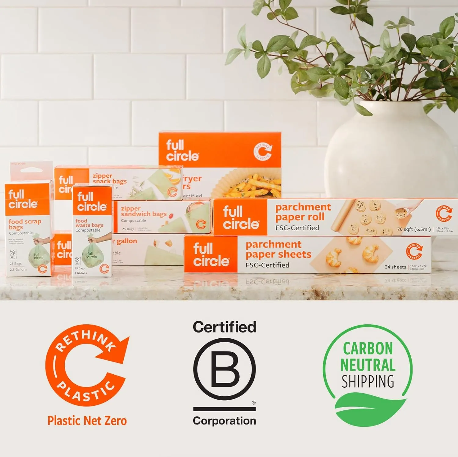 Full Circle Compostable Bags for Food Scraps – 2.5-Gallon Size, 100ct, 4 Boxes of 25 – Plant-Based, Tear and Leak-Resistant Compost Bags