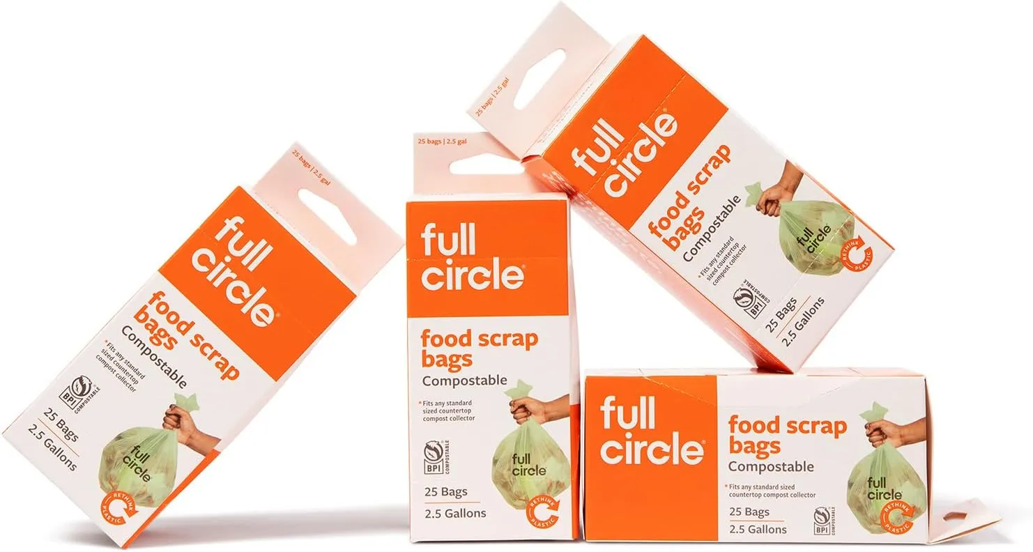 Full Circle Compostable Bags for Food Scraps – 2.5-Gallon Size, 100ct, 4 Boxes of 25 – Plant-Based, Tear and Leak-Resistant Compost Bags