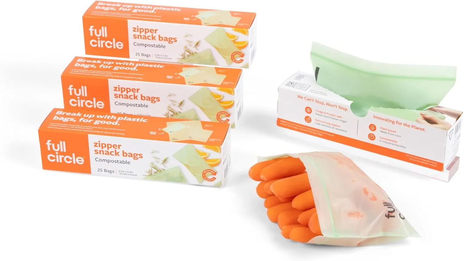 Full Circle Compostable Bags – Snack Size, 100ct, 4 Boxes of 25 – Plant-Based, Leak-Resistant, Resealable Snack Bags
