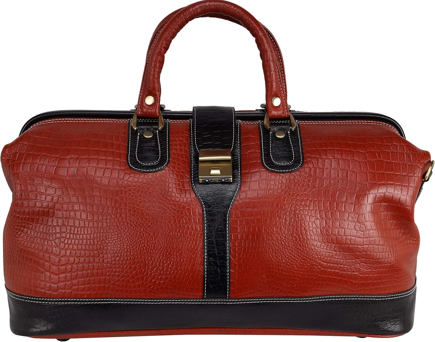 Full Grain Leather Duffel Luggage Travel Bag For Men And Women Travelling Holiday Overnight Weekend Cabin Duffel Foldable (Combination Croc Tan)