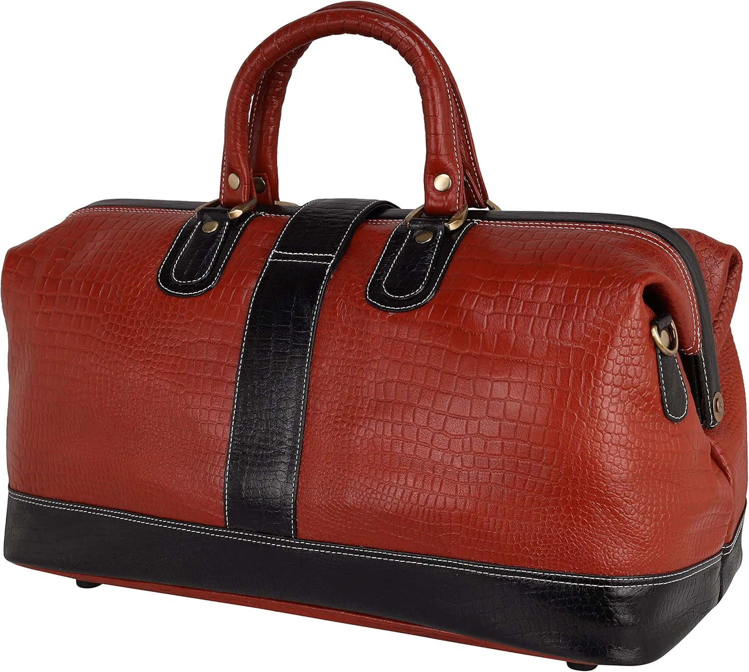 Full Grain Leather Duffel Luggage Travel Bag For Men And Women Travelling Holiday Overnight Weekend Cabin Duffel Foldable (Combination Croc Tan)