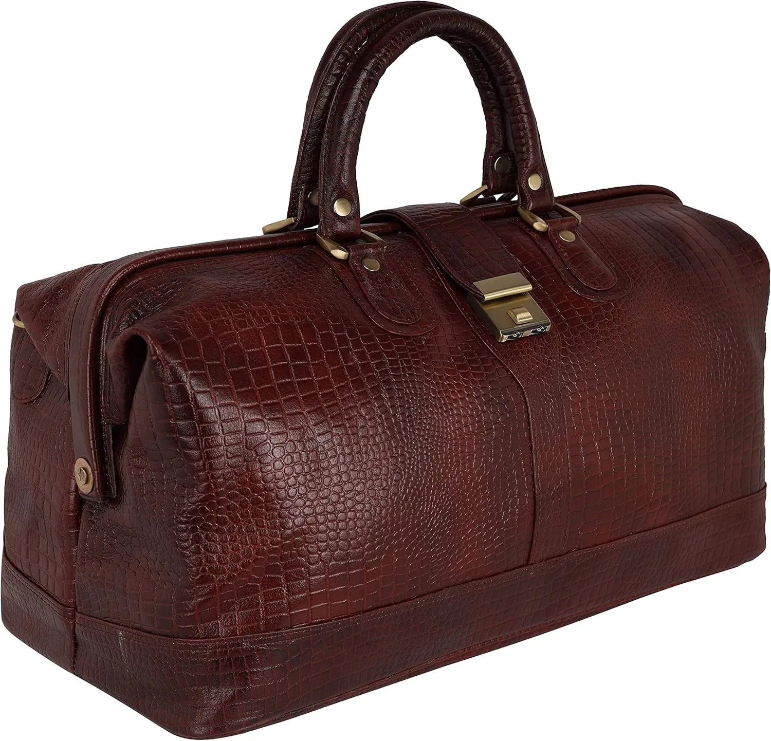 Full Grain Leather Duffel Luggage Travel Bag For Men And Women Travelling Holiday Overnight Weekend Cabin Duffel Foldable (Croc Brown)