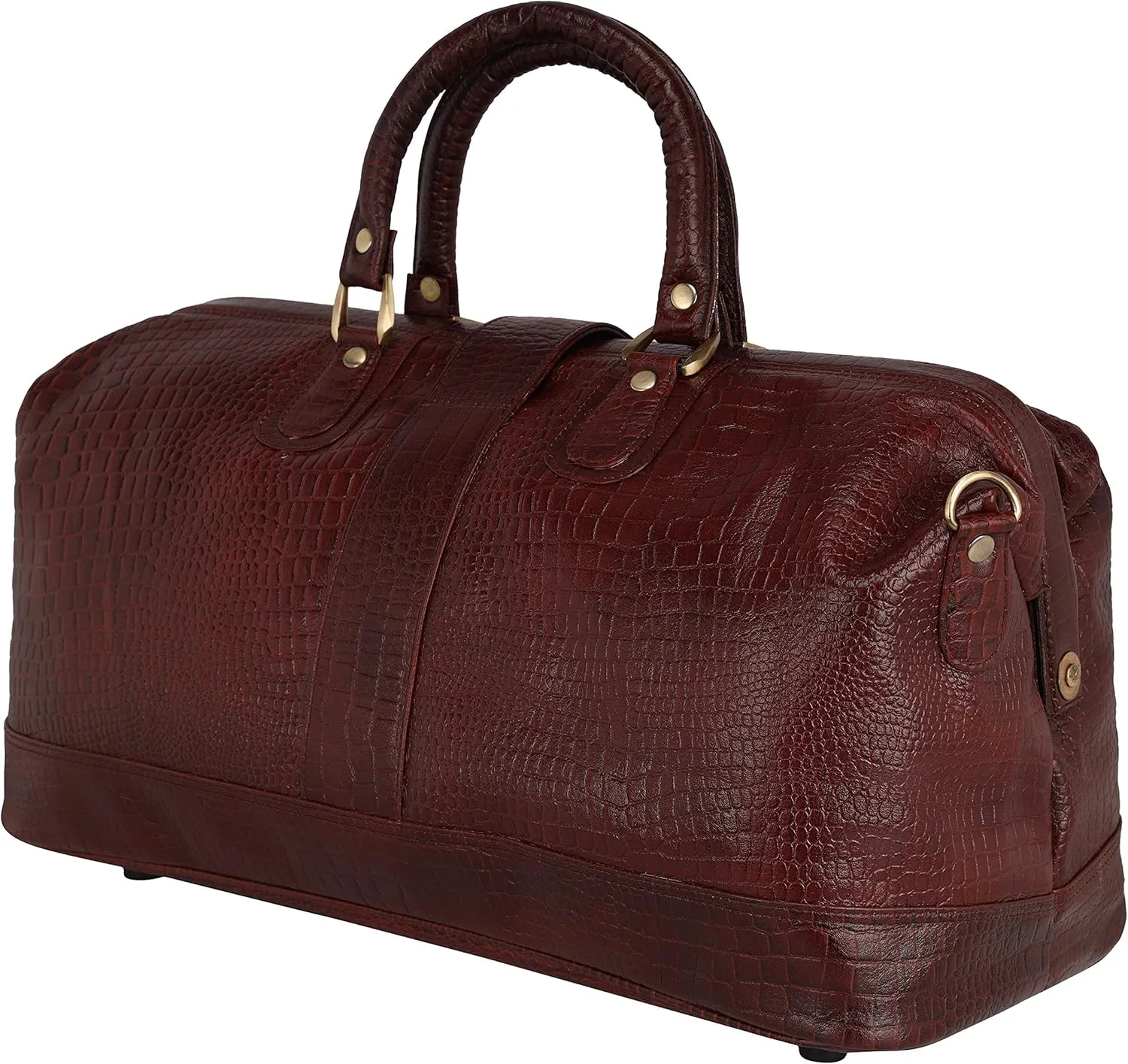 Full Grain Leather Duffel Luggage Travel Bag For Men And Women Travelling Holiday Overnight Weekend Cabin Duffel Foldable (Croc Brown)