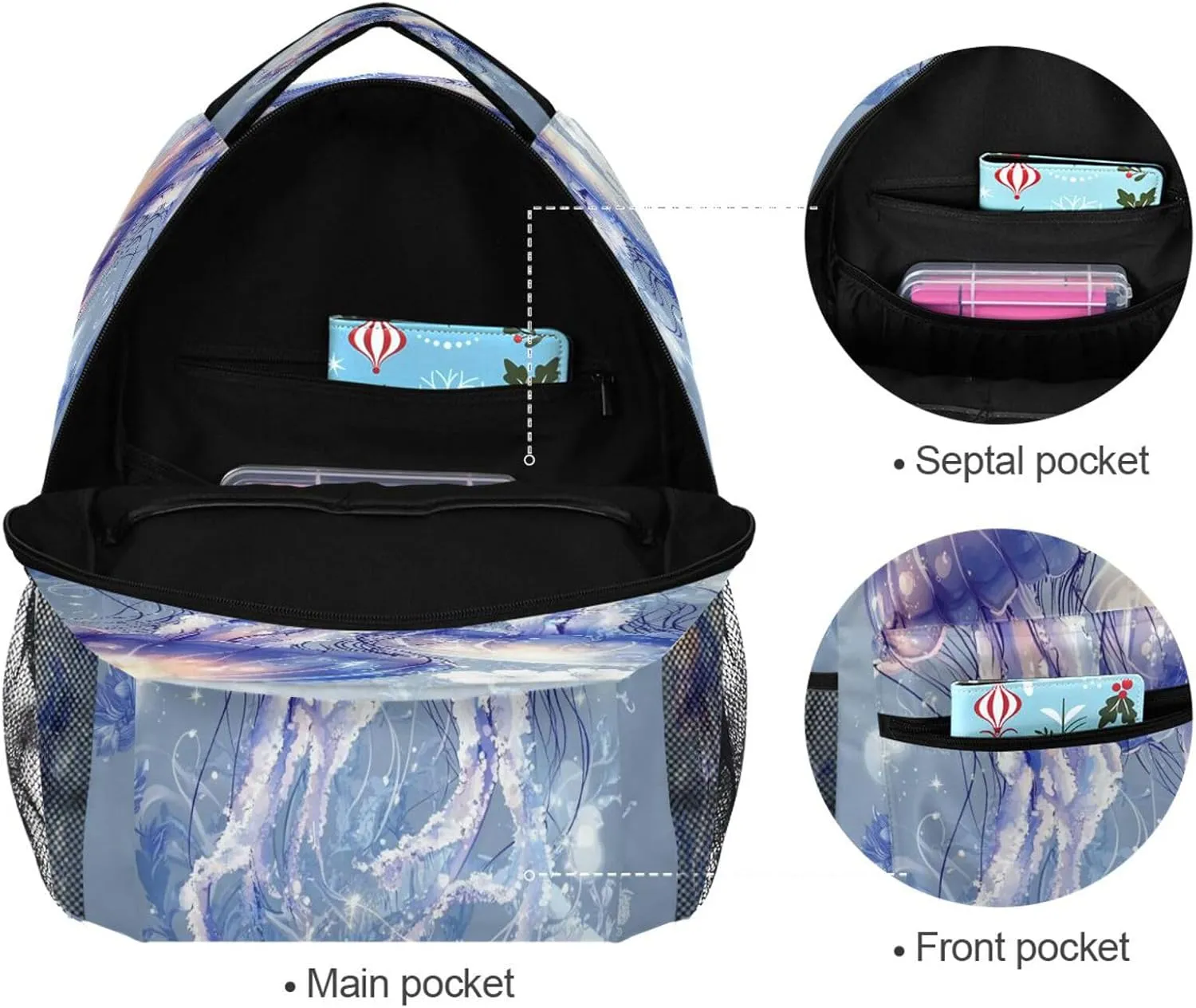 Fun Backpack for Teens Boys Girls Fashion Backpack with Chest Strap for College Work Beauty Jellyfish Silver