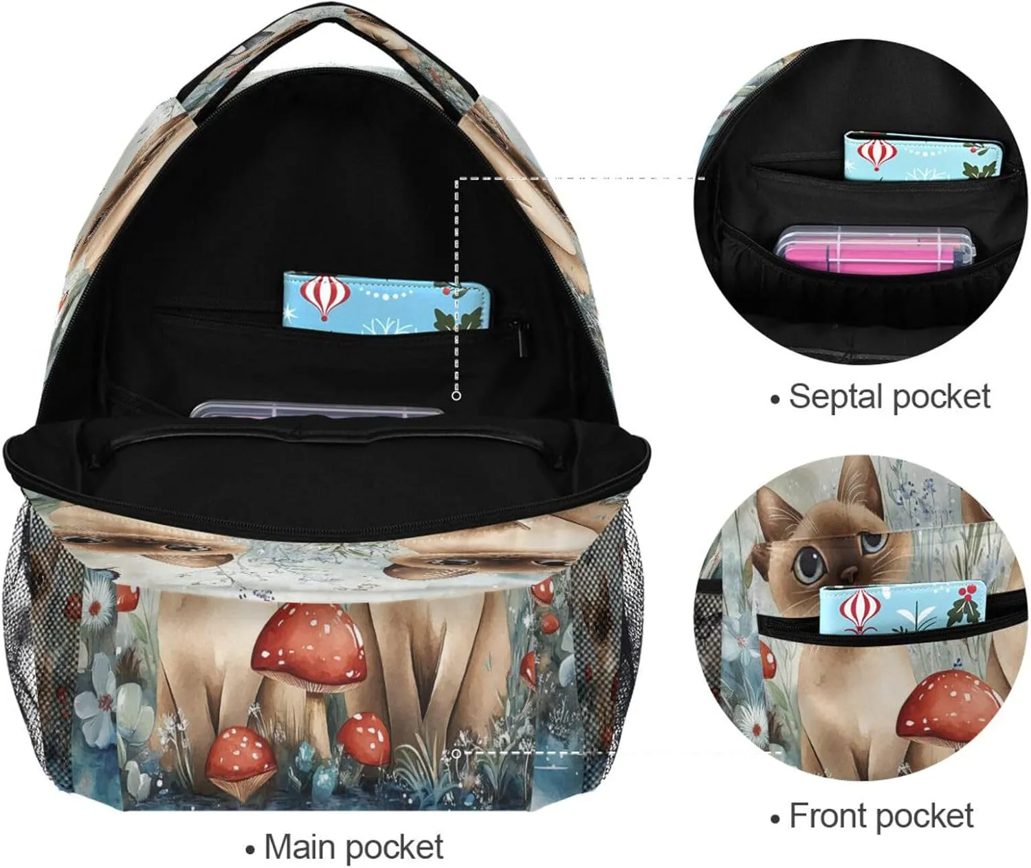 Fun Backpack for Teens Boys Girls Fashion Diaper Bag Backpack with Chest Strap for Travel Trip Cartoon Tonkinese Cats A River