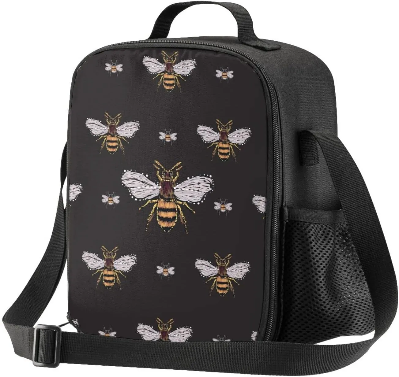 Funny Honey Bee Kids Insulated Bees Lunch Bag Small Cute Thermal Tote Bag Built Back to School Lunch Bags with Water Bottle Holder Shoulder Strap for Teens Girls Boys