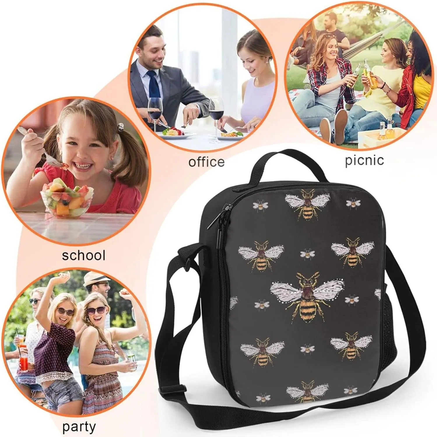 Funny Honey Bee Kids Insulated Bees Lunch Bag Small Cute Thermal Tote Bag Built Back to School Lunch Bags with Water Bottle Holder Shoulder Strap for Teens Girls Boys