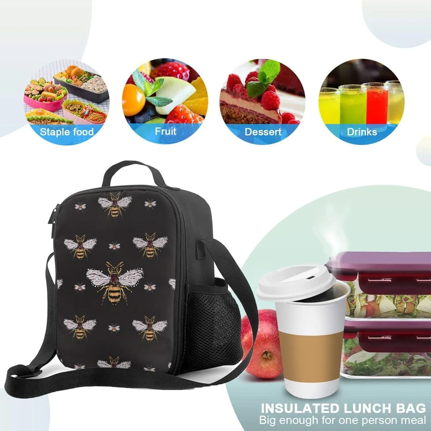 Funny Honey Bee Kids Insulated Bees Lunch Bag Small Cute Thermal Tote Bag Built Back to School Lunch Bags with Water Bottle Holder Shoulder Strap for Teens Girls Boys