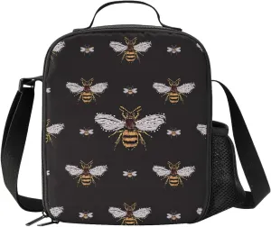Funny Honey Bee Kids Insulated Bees Lunch Bag Small Cute Thermal Tote Bag Built Back to School Lunch Bags with Water Bottle Holder Shoulder Strap for Teens Girls Boys