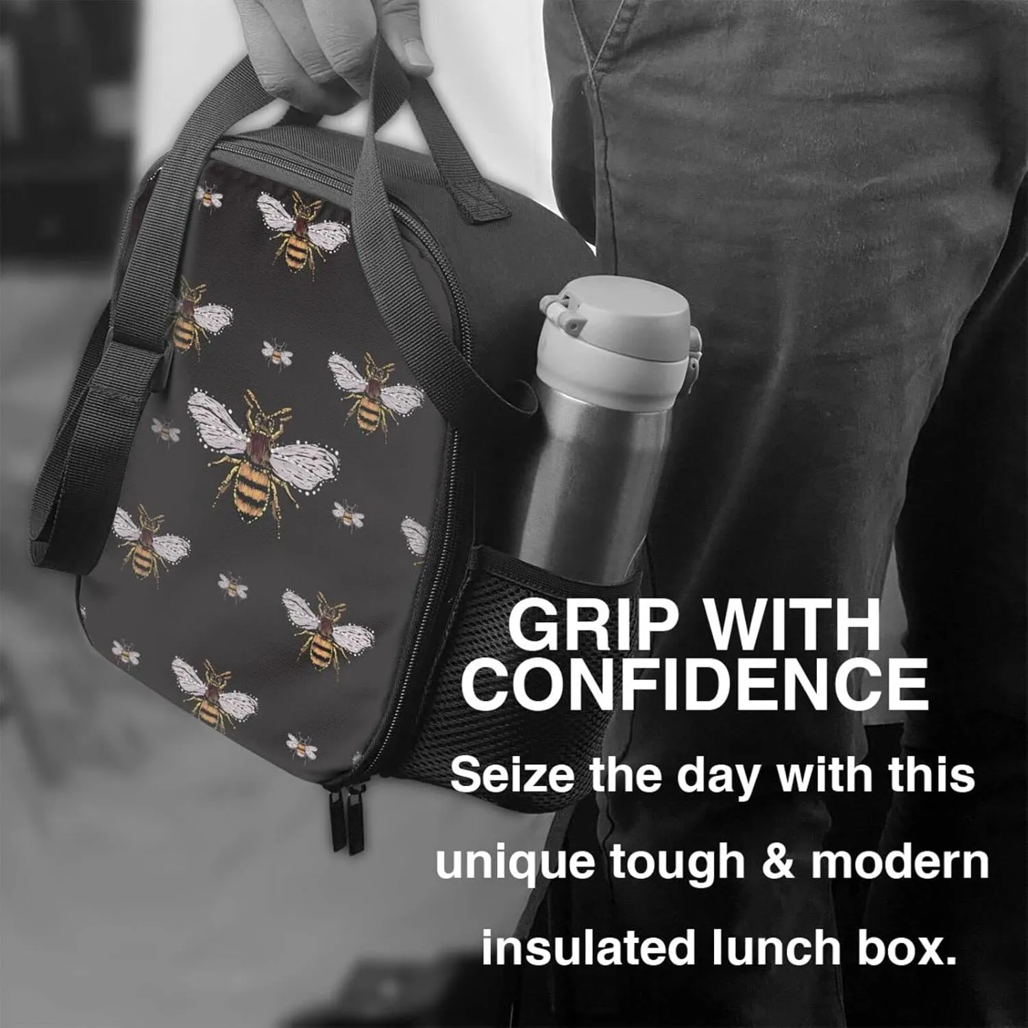 Funny Honey Bee Kids Insulated Bees Lunch Bag Small Cute Thermal Tote Bag Built Back to School Lunch Bags with Water Bottle Holder Shoulder Strap for Teens Girls Boys