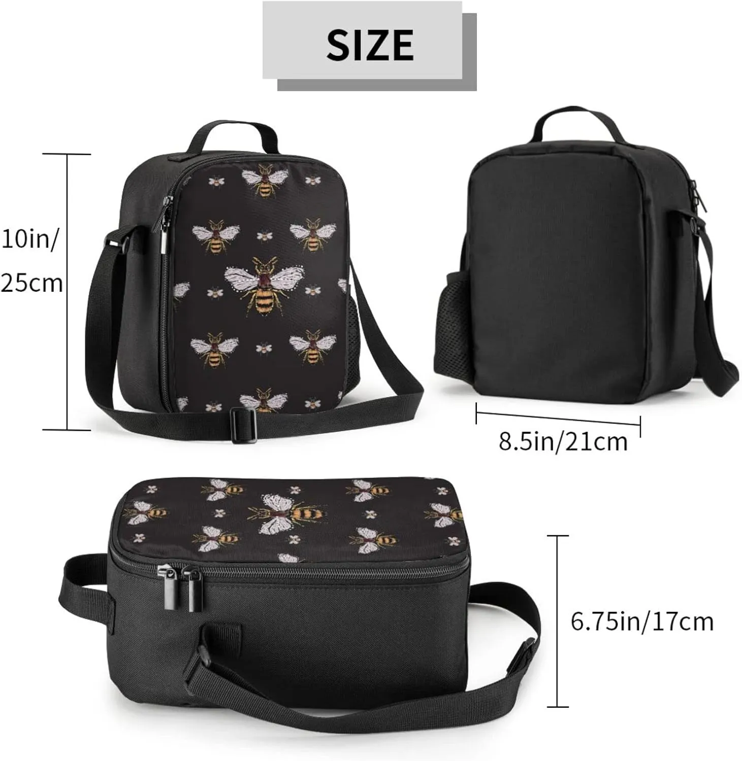 Funny Honey Bee Kids Insulated Bees Lunch Bag Small Cute Thermal Tote Bag Built Back to School Lunch Bags with Water Bottle Holder Shoulder Strap for Teens Girls Boys