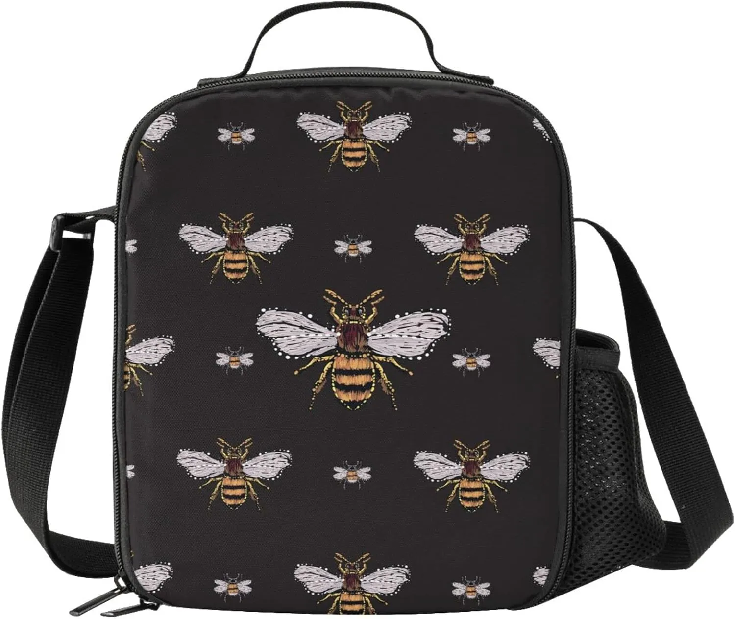 Funny Honey Bee Kids Insulated Bees Lunch Bag Small Cute Thermal Tote Bag Built Back to School Lunch Bags with Water Bottle Holder Shoulder Strap for Teens Girls Boys