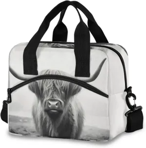 Funny Scottish Highland Cow Portable Lunch Bag with Detachable Shoulder Strap, Insulated Cooler Thermal Reusable Bag Lunch Box Handbag