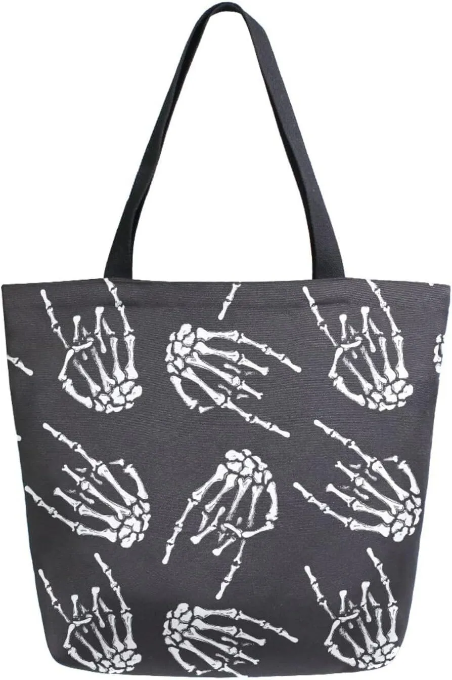 Funny Skeleton with Music Gesture Canvas Tote Bag for Women with Zipper Pocket Reusable Grocery Shopping Bags Large Travel Shoulder Bag Handbag Bags