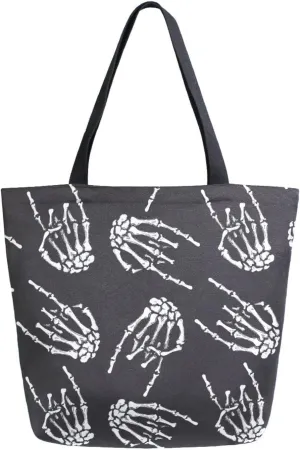 Funny Skeleton with Music Gesture Canvas Tote Bag for Women with Zipper Pocket Reusable Grocery Shopping Bags Large Travel Shoulder Bag Handbag Bags