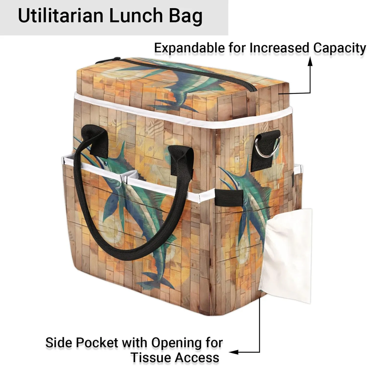 Funny Swordfish Lunch Bag Womens for Work, Large Insulated Lunch Box Reusable Thermal Leakproof Cooler Tote Bags with Shoulder Strap