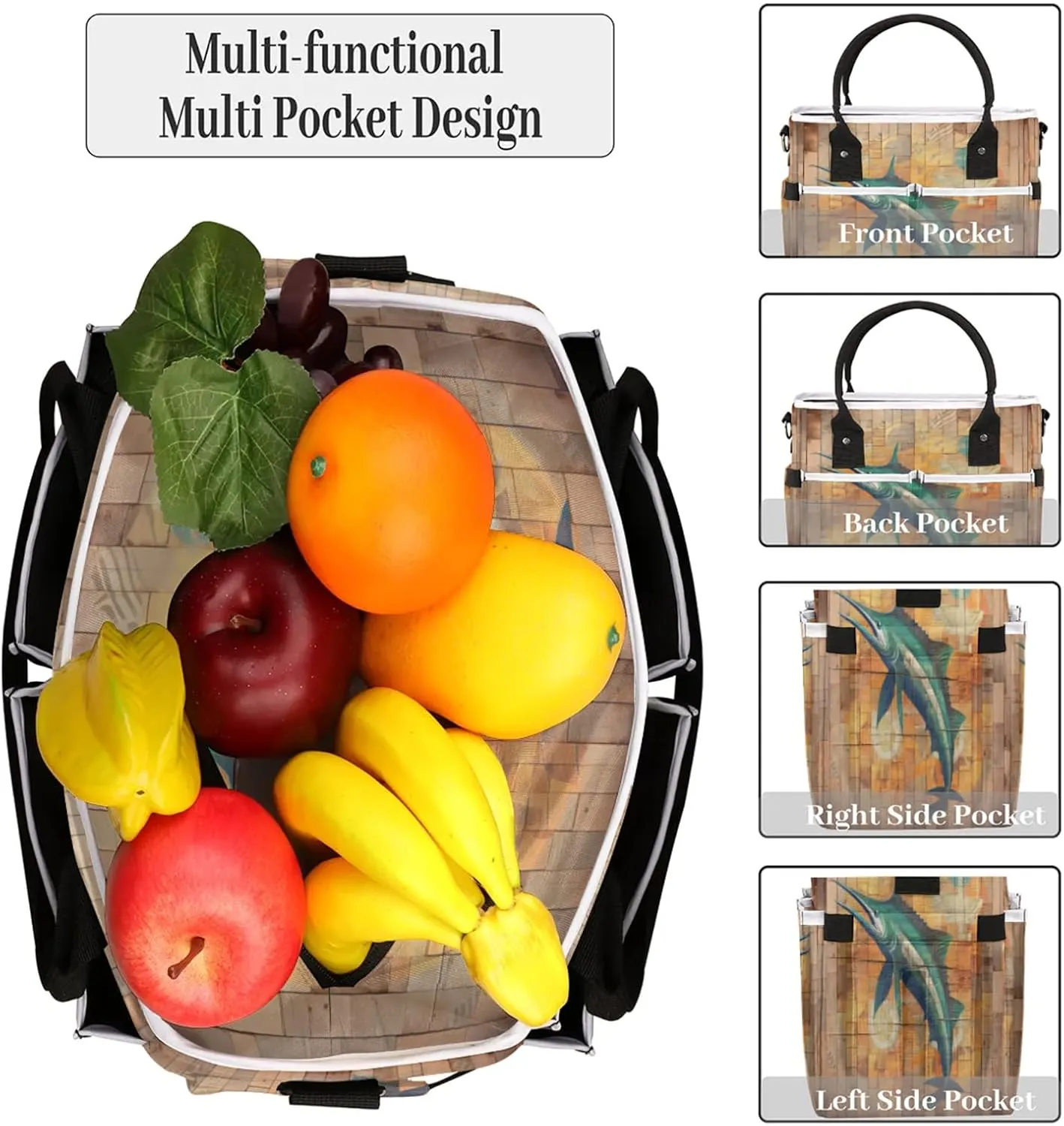 Funny Swordfish Lunch Bag Womens for Work, Large Insulated Lunch Box Reusable Thermal Leakproof Cooler Tote Bags with Shoulder Strap