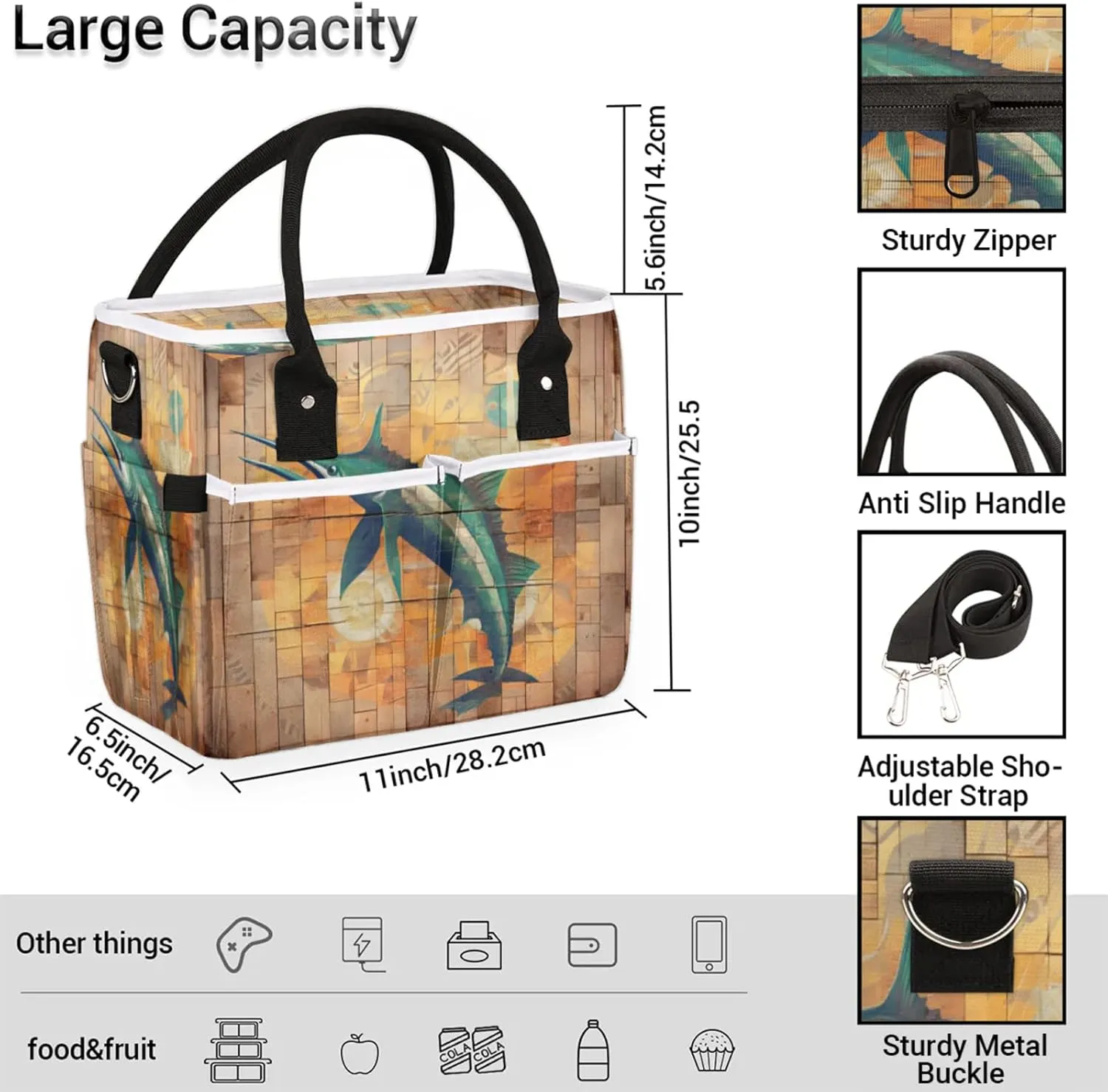 Funny Swordfish Lunch Bag Womens for Work, Large Insulated Lunch Box Reusable Thermal Leakproof Cooler Tote Bags with Shoulder Strap