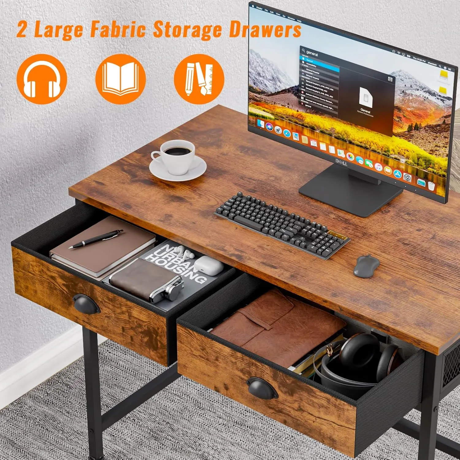 Furologee Computer Desk with 2 Fabric Drawers, 36 Inch Small Home Office Writing Desk, Vanity Desk with Hooks, Simple Study Desk for Small Spaces, Makeup Dressing Table, Rustic Brown