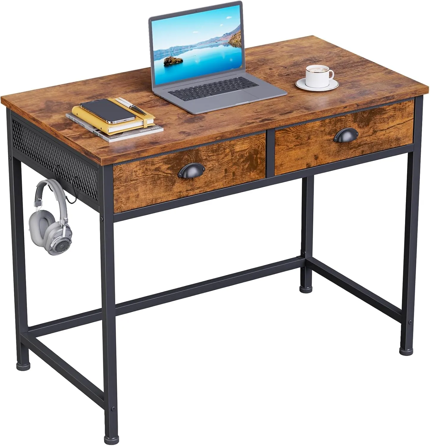 Furologee Computer Desk with 2 Fabric Drawers, 36 Inch Small Home Office Writing Desk, Vanity Desk with Hooks, Simple Study Desk for Small Spaces, Makeup Dressing Table, Rustic Brown