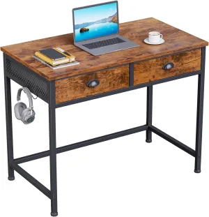 Furologee Computer Desk with 2 Fabric Drawers, 36 Inch Small Home Office Writing Desk, Vanity Desk with Hooks, Simple Study Desk for Small Spaces, Makeup Dressing Table, Rustic Brown