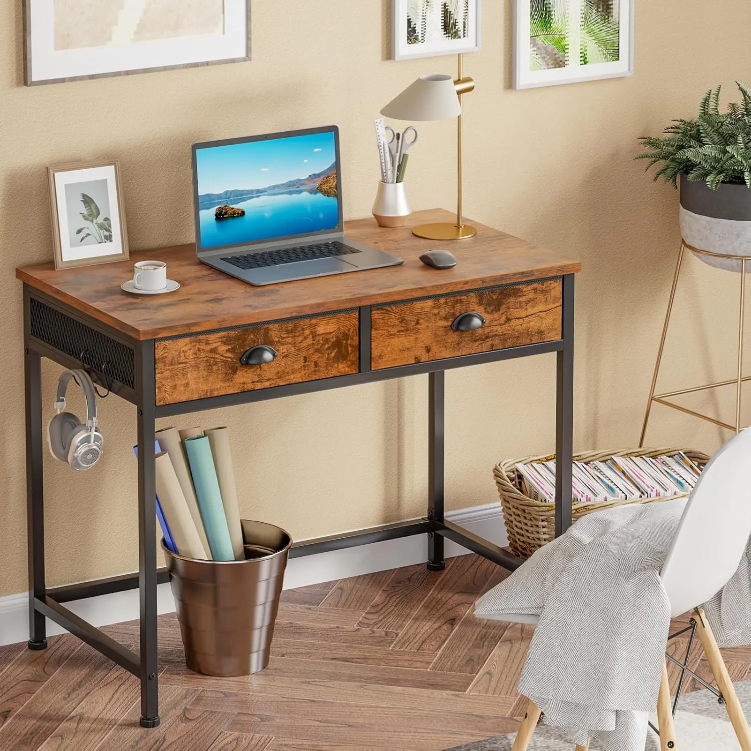 Furologee Computer Desk with 2 Fabric Drawers, 36 Inch Small Home Office Writing Desk, Vanity Desk with Hooks, Simple Study Desk for Small Spaces, Makeup Dressing Table, Rustic Brown