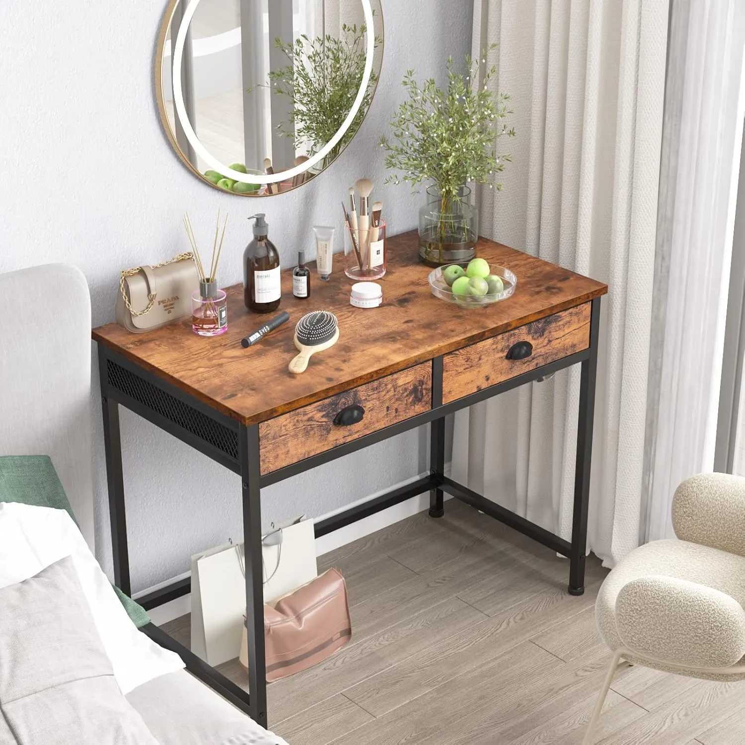 Furologee Computer Desk with 2 Fabric Drawers, 36 Inch Small Home Office Writing Desk, Vanity Desk with Hooks, Simple Study Desk for Small Spaces, Makeup Dressing Table, Rustic Brown