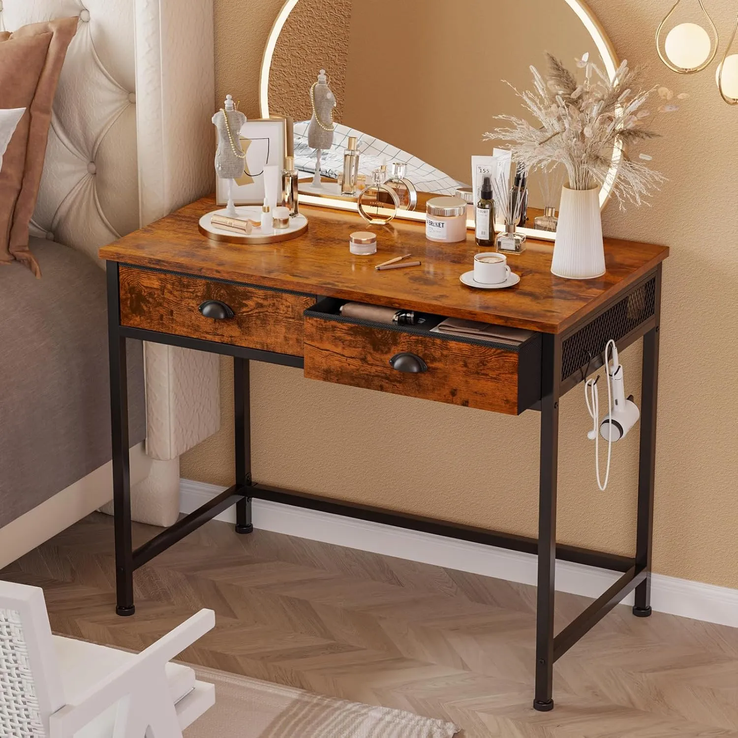 Furologee Computer Desk with 2 Fabric Drawers, 36 Inch Small Home Office Writing Desk, Vanity Desk with Hooks, Simple Study Desk for Small Spaces, Makeup Dressing Table, Rustic Brown