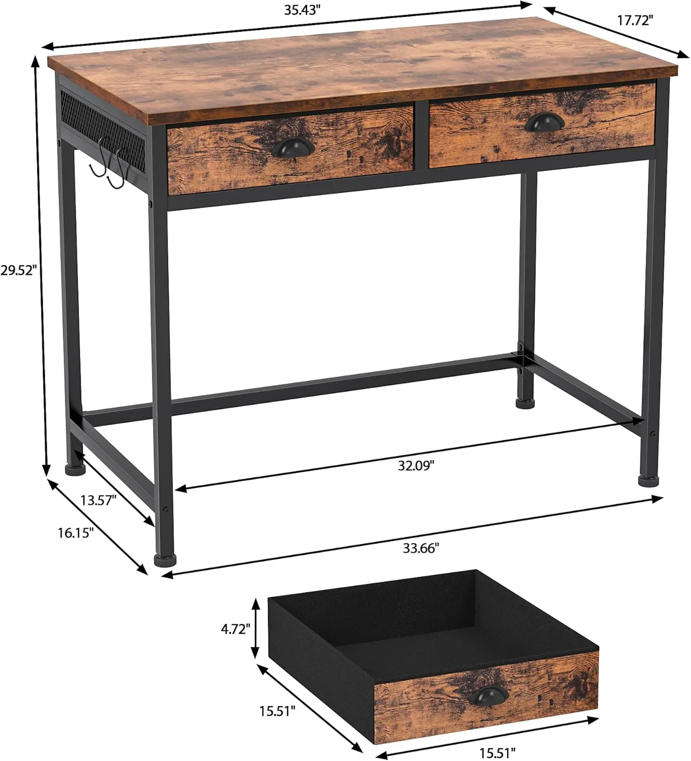 Furologee Computer Desk with 2 Fabric Drawers, 36 Inch Small Home Office Writing Desk, Vanity Desk with Hooks, Simple Study Desk for Small Spaces, Makeup Dressing Table, Rustic Brown