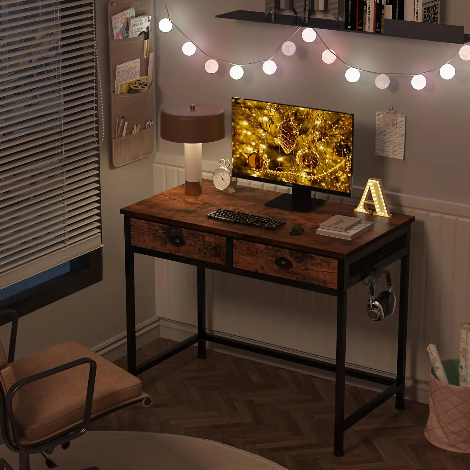 Furologee Computer Desk with 2 Fabric Drawers, 36 Inch Small Home Office Writing Desk, Vanity Desk with Hooks, Simple Study Desk for Small Spaces, Makeup Dressing Table, Rustic Brown