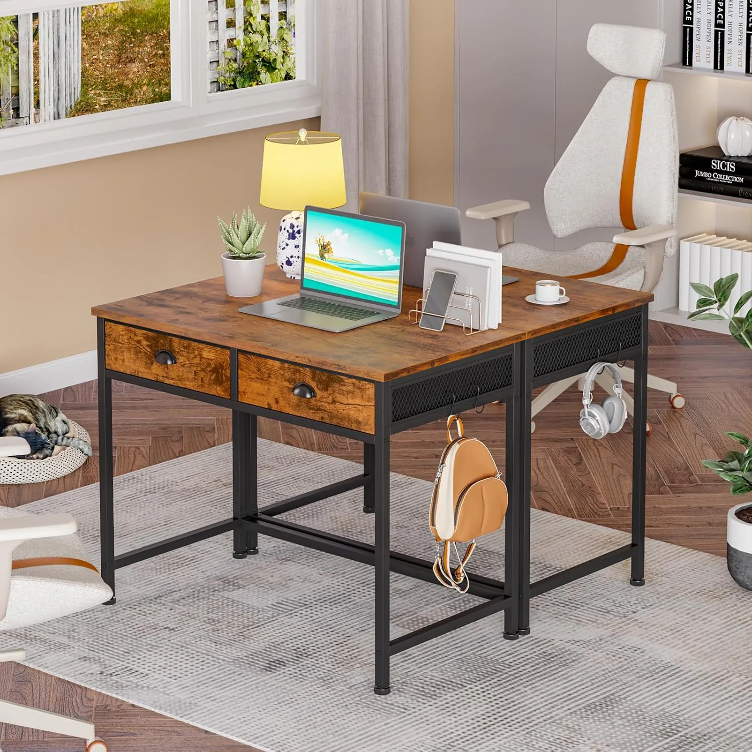 Furologee Computer Desk with 2 Fabric Drawers, 36 Inch Small Home Office Writing Desk, Vanity Desk with Hooks, Simple Study Desk for Small Spaces, Makeup Dressing Table, Rustic Brown